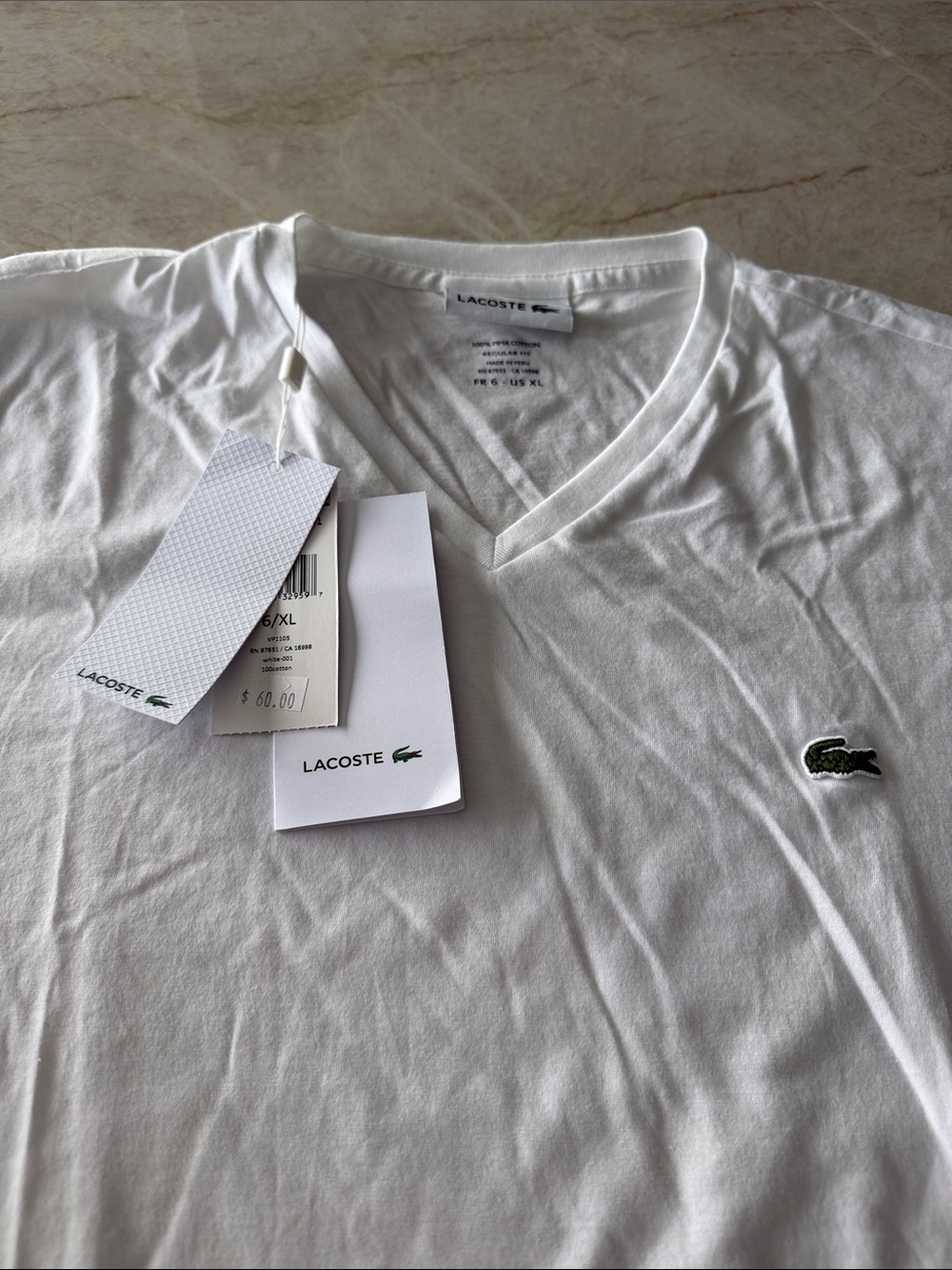 Lacoste White V-Neck Men's Cotton Tee with Green Crocodile Logo